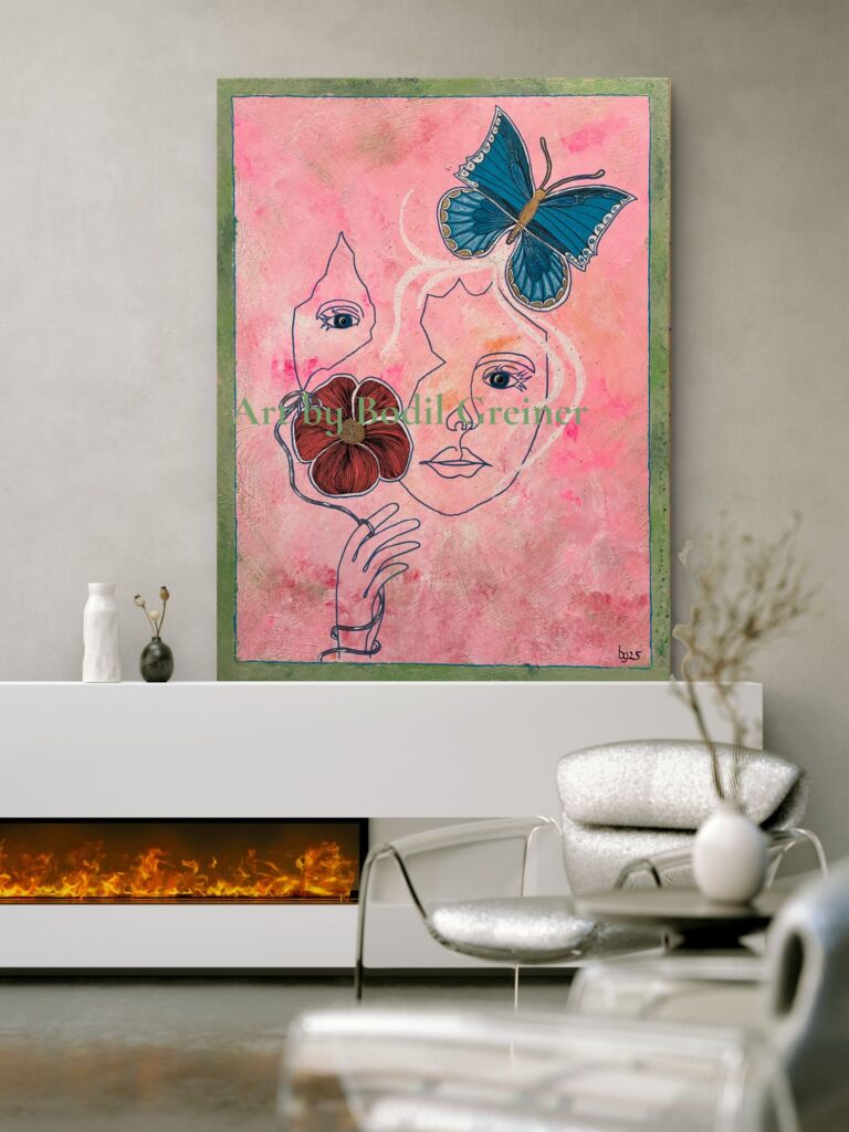 Flying in the Spring - original mixed media painting on canvas by Bodil Greiner featuring a symbolic female face, butterfly and flower in soft pink and tones.