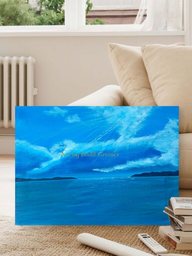 Quiet Horizon VI - original acrylic seascape painting with blue sky, calm sea and dramatic clouds by Danish artist Bodil Greiner