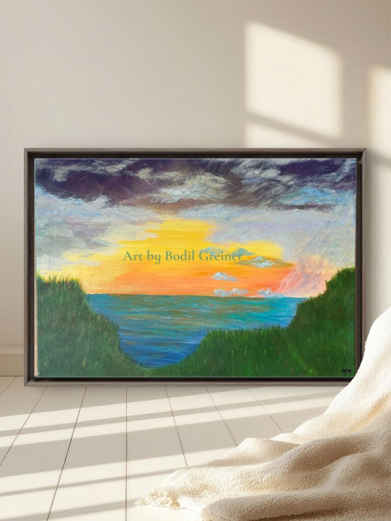 Quiet Horizon I - original seascape painting with glowing sunset over calm blue water by Danish artist Bodil Greiner