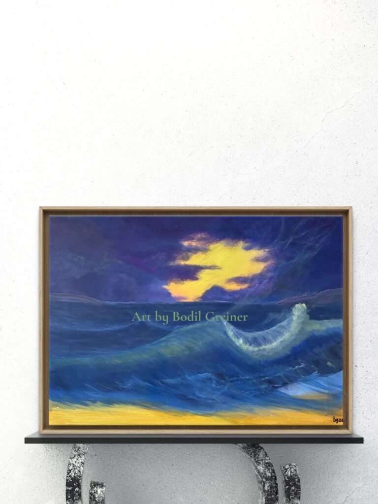 Quiet Horizon II - original painting with rolling blue waves and glowing golden light by Danish artist Bodil Greiner