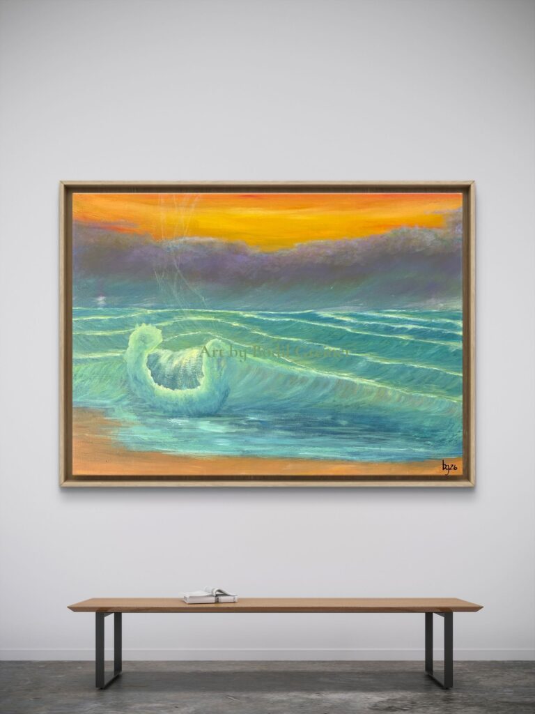 Quiet Horizon III - original seascape painting with rolling waves and a glowing sunset by Danish artist Bodil Greiner