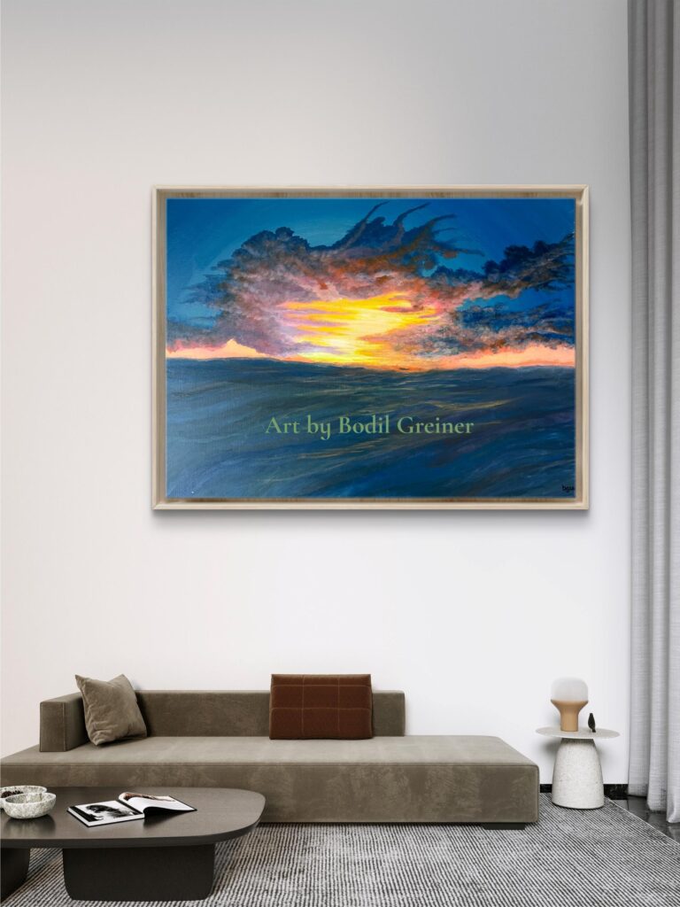Quiet Horizin V - original acrylic seascape painting with dramatic clouds, golden sunset and deep blue sea by Danish artist Bodil Greiner