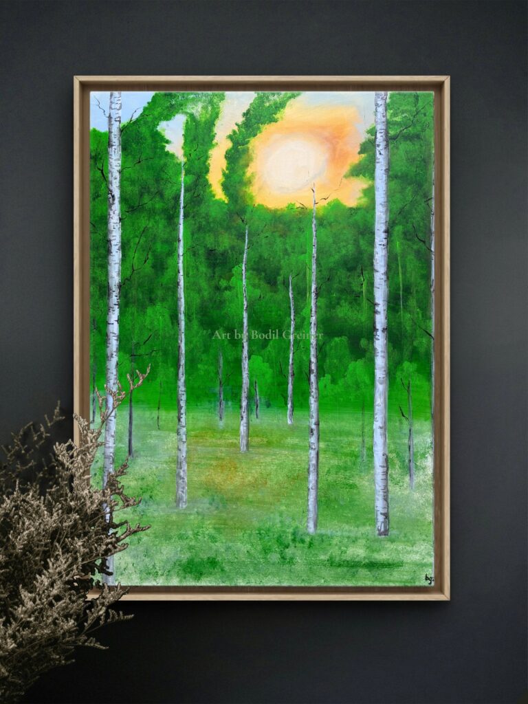 Season IV - The Beginning - original acrylic painting of a sunlit birch forest by Danish artist Bodil Greiner