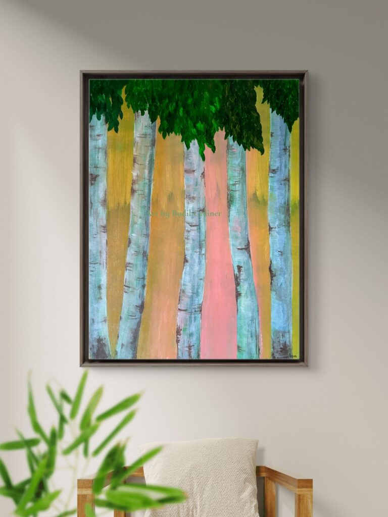 Season V - Noticing - original acrylic painting of a birch forest with warm morning light by Danish artist Bodil Greiner