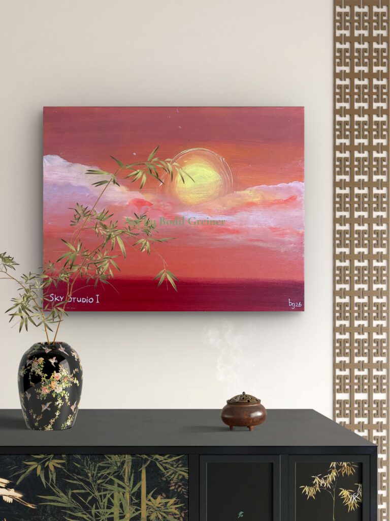 Original acrylic painting on canvasboard 'Sky Studio I -Quiet Heat' by Bodil Greiner featuring a warm glowing sun above soft clouds in calming shades of coral, rose and terracotta.