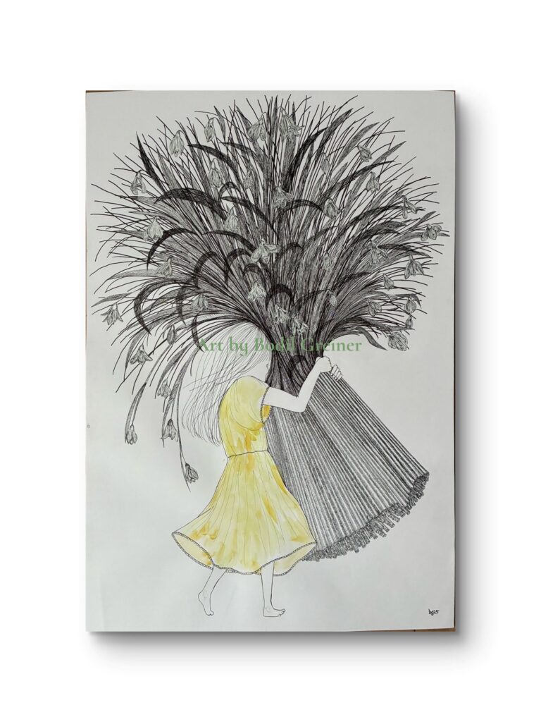 Vera's Joy - original hand-drawn fineliner artwork with snowdrops by Danish artist Bodil Greiner