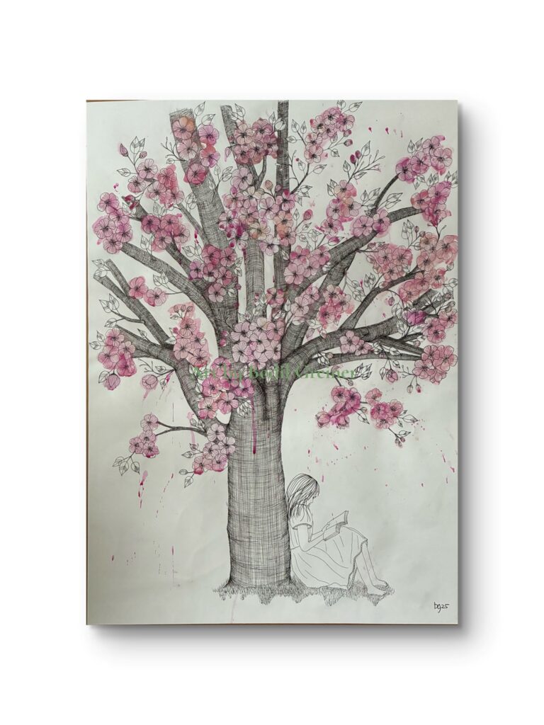 Vera's next Chapter - original hand-drawn fineliner artwork with cherry blossom tree by Bodil Greiner
