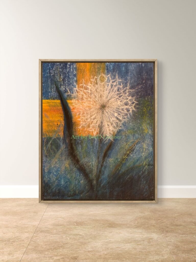 Catching Light – Northern Blue, original dandelion painting by Bodil Greiner