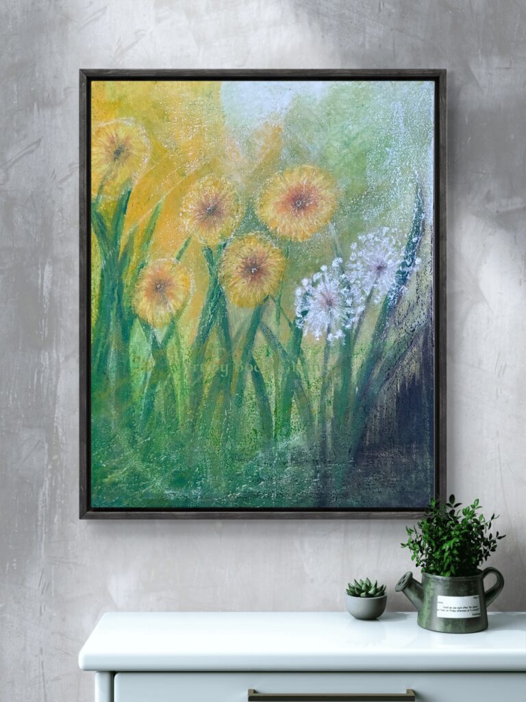 Catching Light – Warm Yellow original dandelion painting by Bodil Greiner
