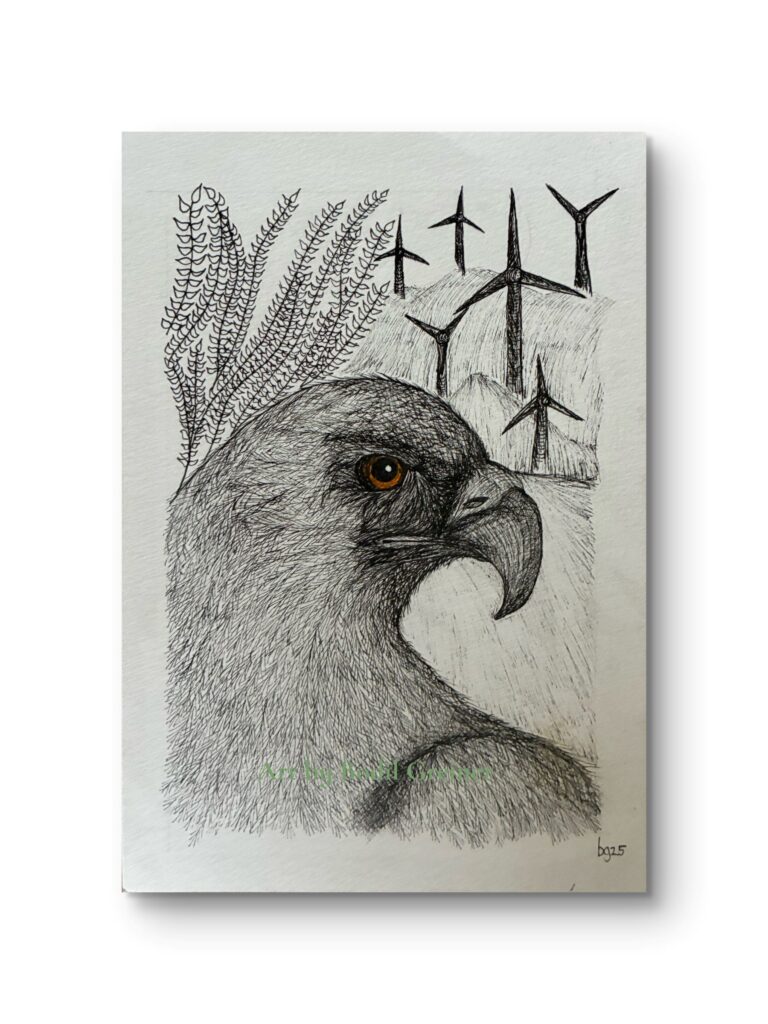 Original fineliner drawing of a golden eagle and Scandinavian landscape by Bodil Greiner, Hope Takes Flight