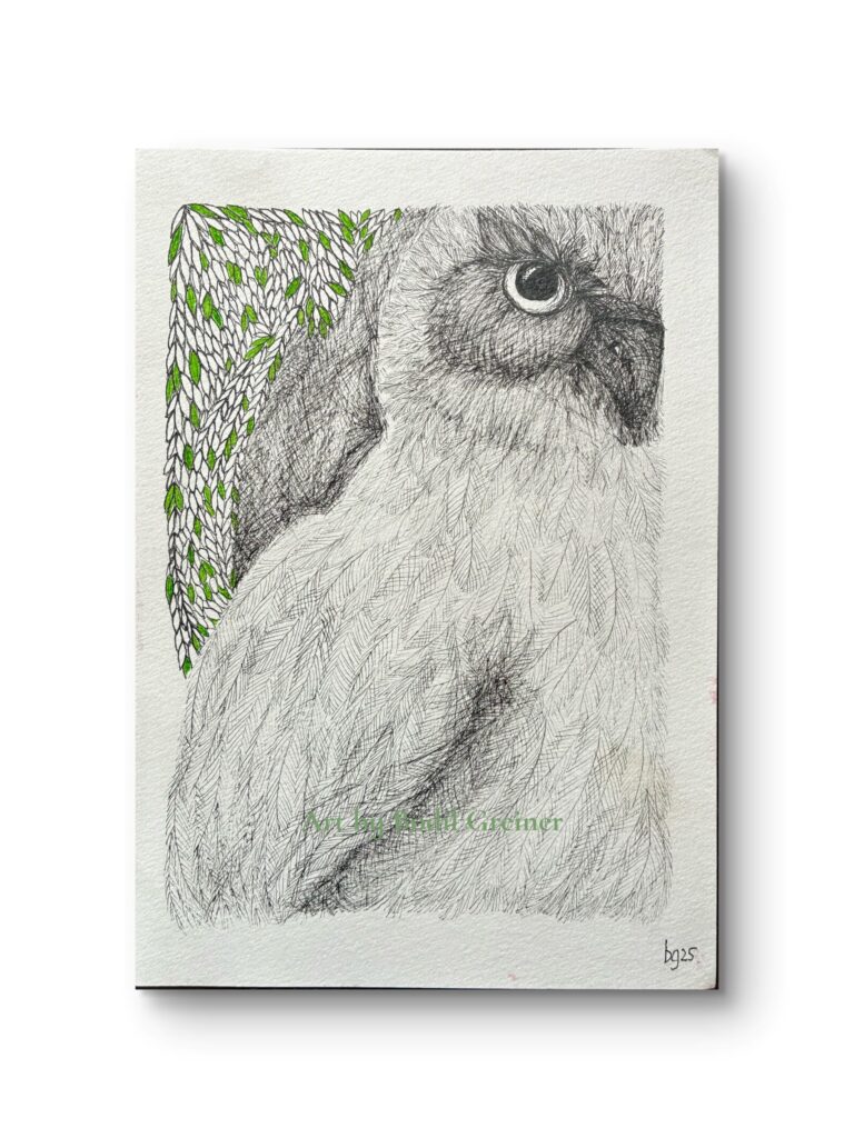 Silent Watch original little owl artwork by Bodil Greiner, hand-drawn with black fineliner and subtle acrylic colour