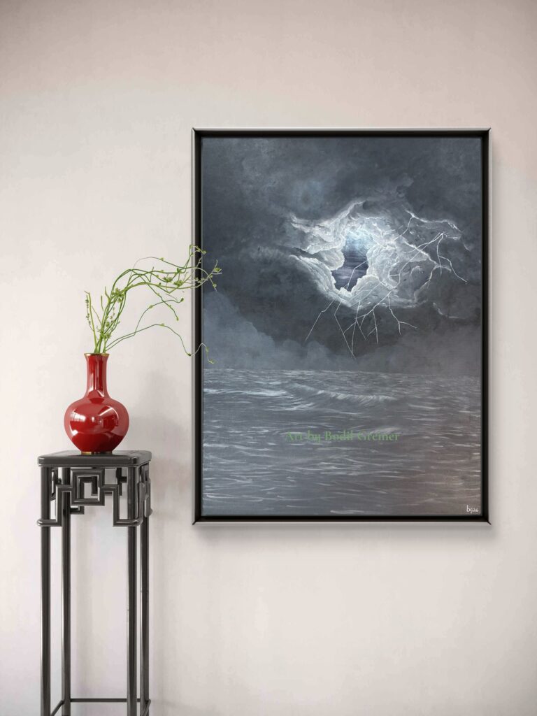 Quiet Horizon IX original acrylic painting by Bodil Greiner showing a stormy sea, dark clouds and light breaking through the sky