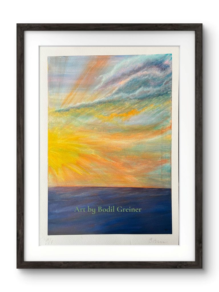 Quiet Horizon VII original Fine Art Print - limited edition by Bodil Greiner, featuring a luminous sky in blue, green, yellow and warm tones above a quiet horizon