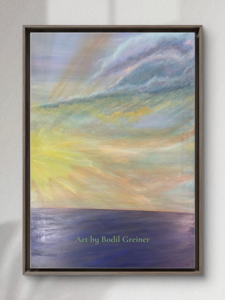 Quiet Horizon VII original acrylic painting by Bodil Greiner, featuring a luminous sky in blue, green, yellow and warm tones above a quiet horizon