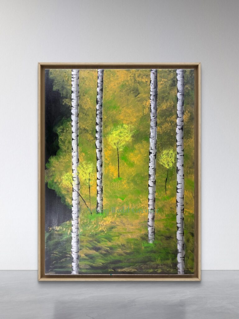Season I – Sunlight in Birch Trees, original acrylic painting by Bodil Greiner