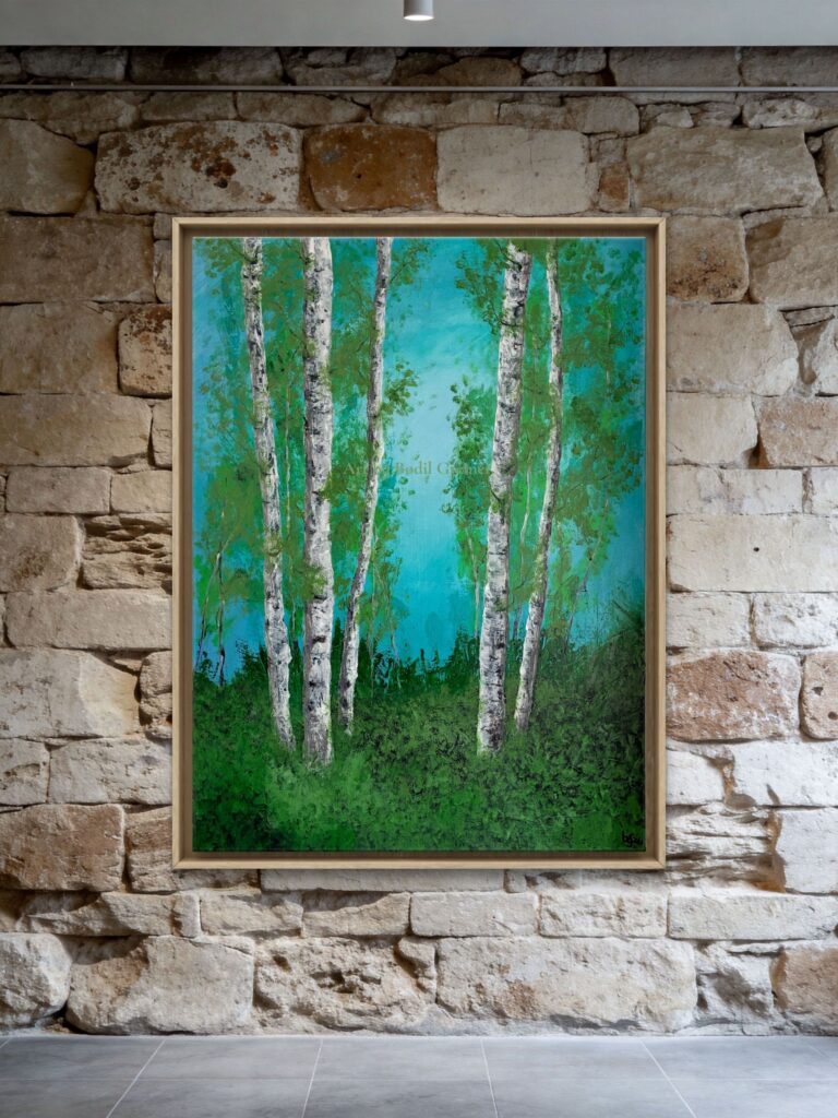 Fresh Air - orginal acrylic painting by Bodil Greiner, 60 x 60 cm, featuring birch trees beneath a bright blue sky