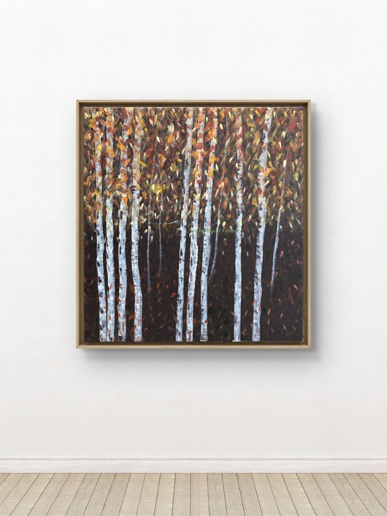 Original acrylic painting by Bodil Greiner featuring white birch trees against a deep warm autumn forest in Season VIII – Light Stays.
