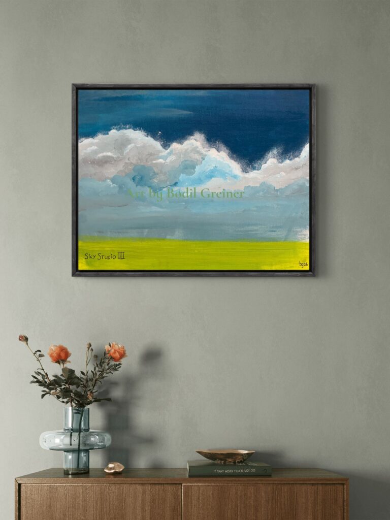 Original acrylic landscape painting “Sky Studio III – Emerging Light” by Bodil Greiner featuring luminous clouds above a golden landscape, exploring hope, light, and quiet reflection.