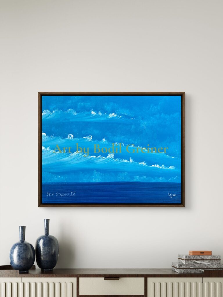 Blue Clarity – original contemporary acrylic artwork by Bodil Greiner. Blue sky landscape on canvasboard inspired by freedom, clarity and quiet reflection.