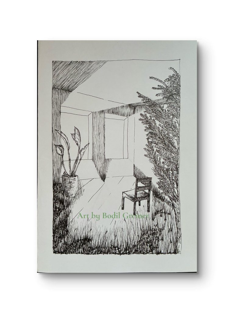 Original A5 fineliner drawing The Waiting Room by Bodil Greiner, depicting an empty chair in an architectural space surrounded by growing plants and nature.
