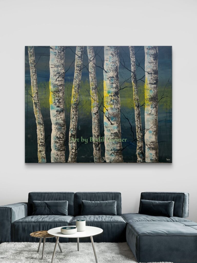 Original acrylic painting Season VII – Unity by Bodil Greiner, depicting birch trees standing closely together with light behind the trunks