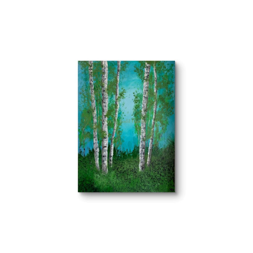 Original contemporary landscape acrylic painting titled 'Fresh Air' by Danish artist Bodil Greiner, featuring bright sky, green leaves, and birch trees.
