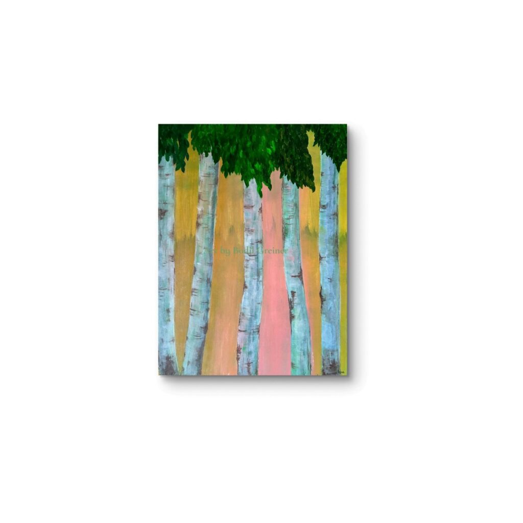 Original vertical acrylic painting titled 'Noticing' by Danish artist Bodil Greiner, depicting soft morning sunlight through a quiet birch forest.