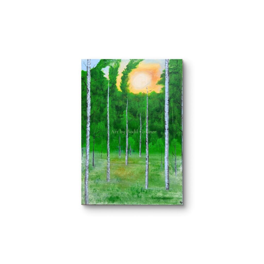 Original Scandinavian birch forest painting titled 'The Beginning' by Danish artist Bodil Greiner, featuring bright green foliage and golden light.