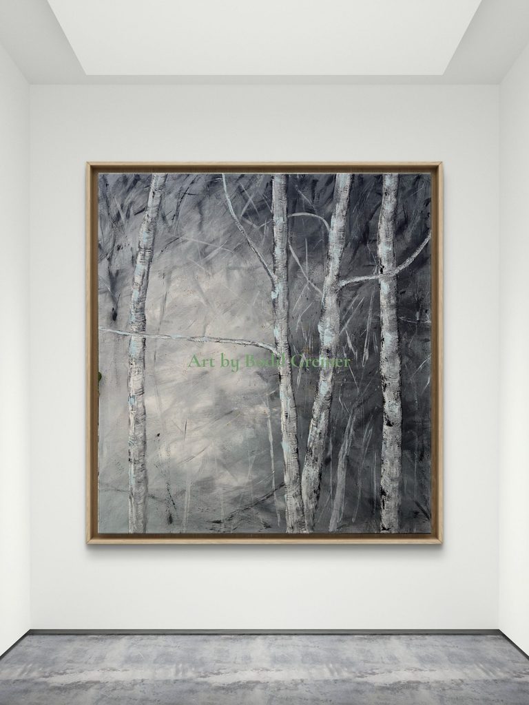 Vapour – Season IX, a 100×100 cm misty forest painting by Bodil Greiner