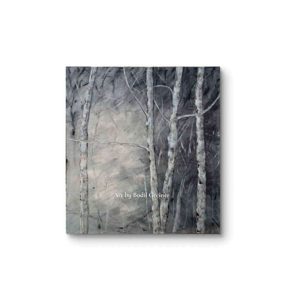 Original acrylic forest painting titled 'Vapour' by Danish artist Bodil Greiner, featuring layers of mist, depth and hidden gold details.