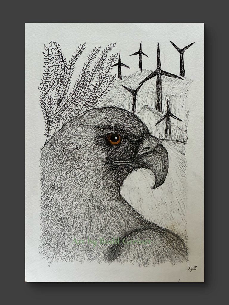 Detailed golden eagle fineliner drawing displayed against a dark artistic background