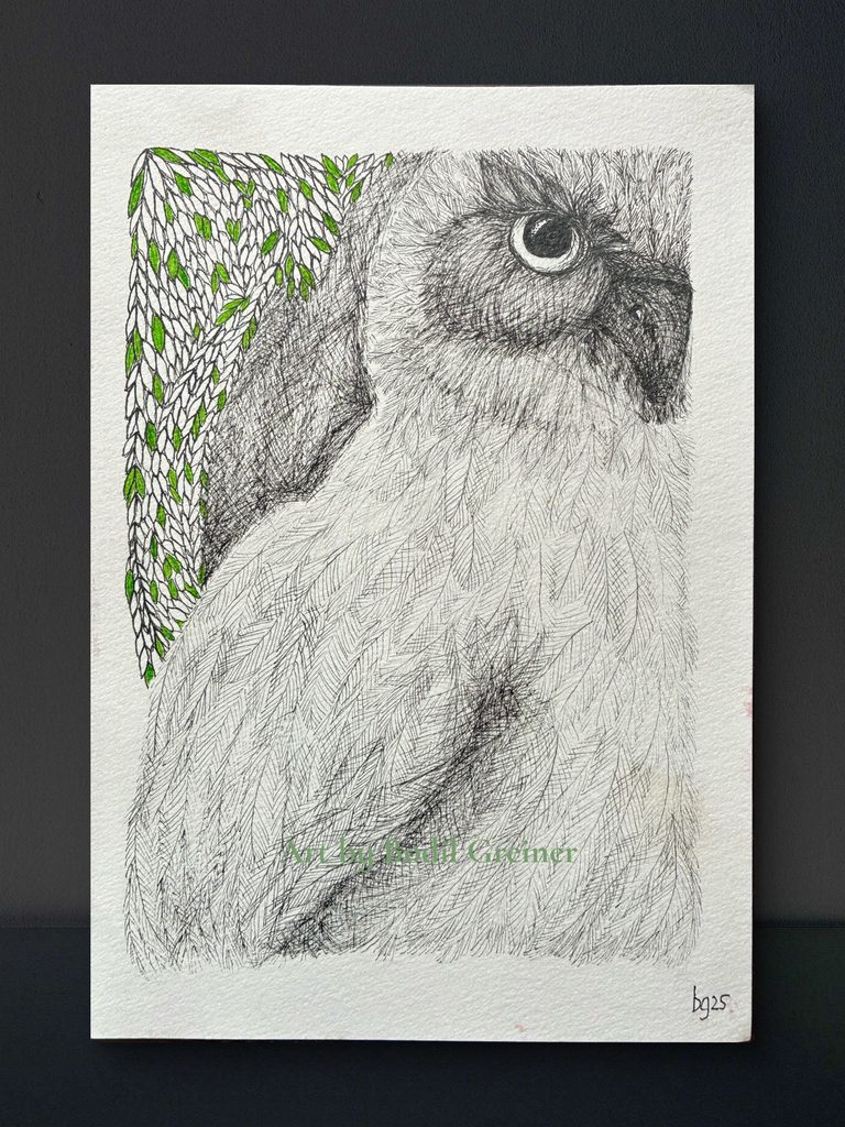 Detailed little owl fineliner drawing showcased against a dark artistic background