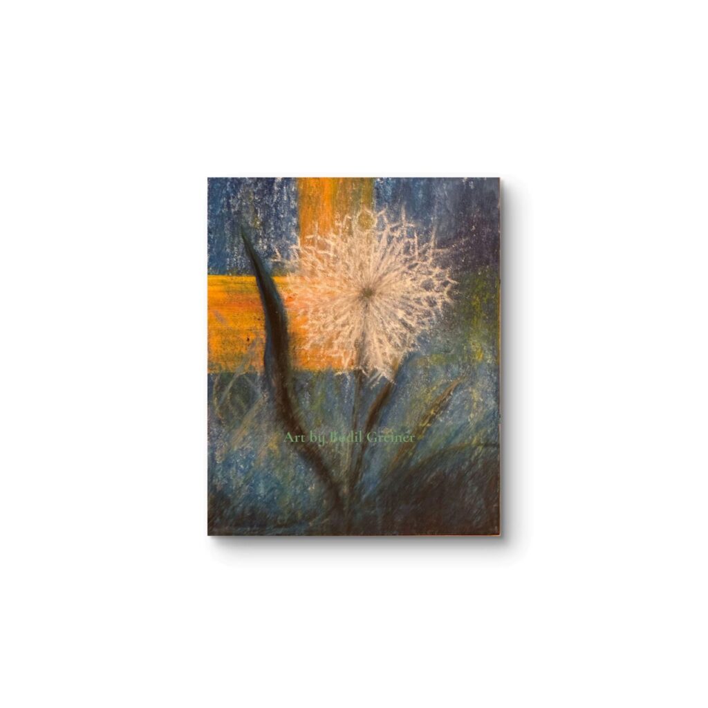 Original dandelion painting for sale titled Catching Light - Northern Blue, created by Danish artist Bodil Greiner.