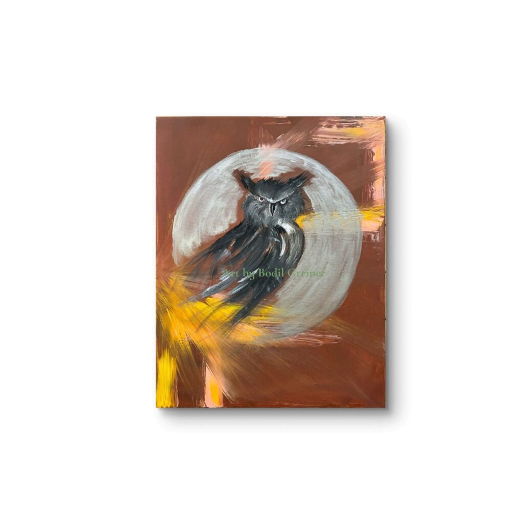 Original owl painting for sale titled The Owl, an expressive mixed media wildlife artwork by Danish artist Bodil Greiner.
