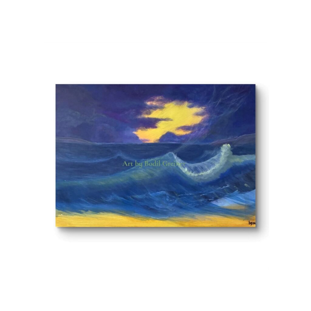Quiet Horizon II original contemporary abstract painting by Bodil Greiner, showcasing a dramatic sea and sky horizon with warm golden light accents.