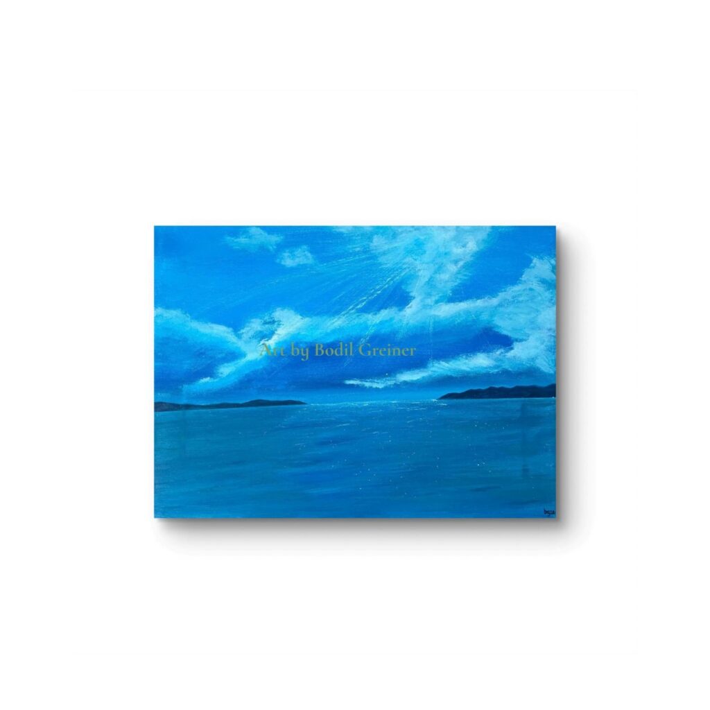 Quiet Horizon VI original abstract acrylic painting by Bodil Greiner, featuring soft dissolving clouds and luminous blue tones under an endless Scandinavian sky.