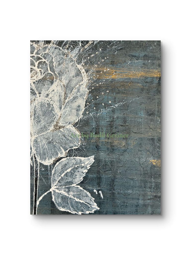 Close-up detail of textured background and frost shimmer on The Winter Rose painting