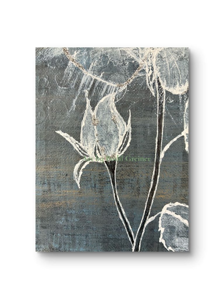 Detail of rosebud and delicate stem in original acrylic painting by Bodil Greiner
