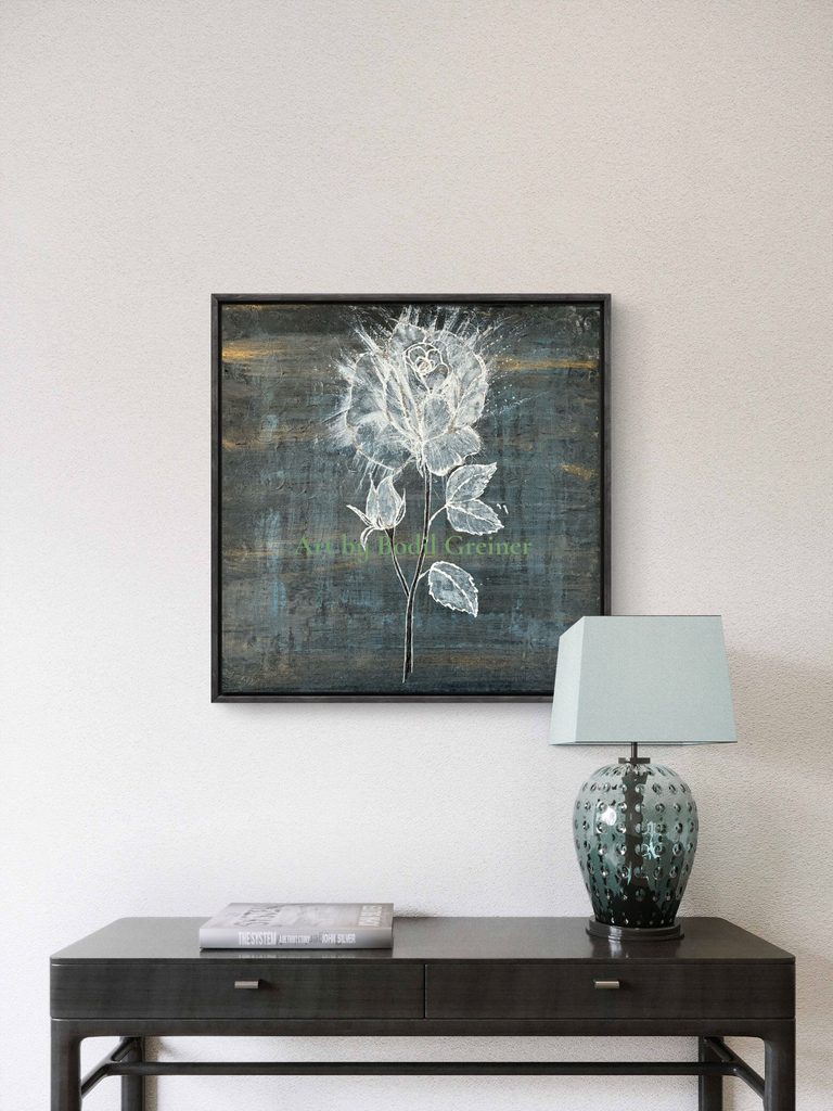 The Winter Rose 30x30 cm painting styled in a modern Scandinavian interior setup
