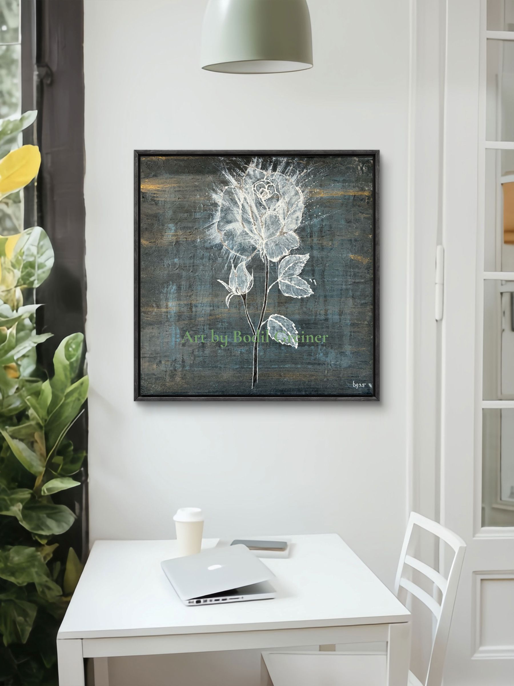 The Winter Rose 30x30 cm painting styled in a modern Scandinavian interior setup