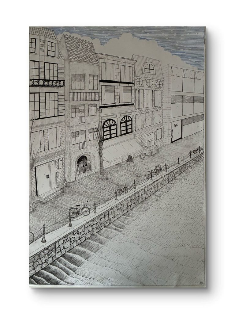 Traces of Life No. 1 original hand-drawn fineliner city promenade artwork 50x70 cm by Bodil Greiner