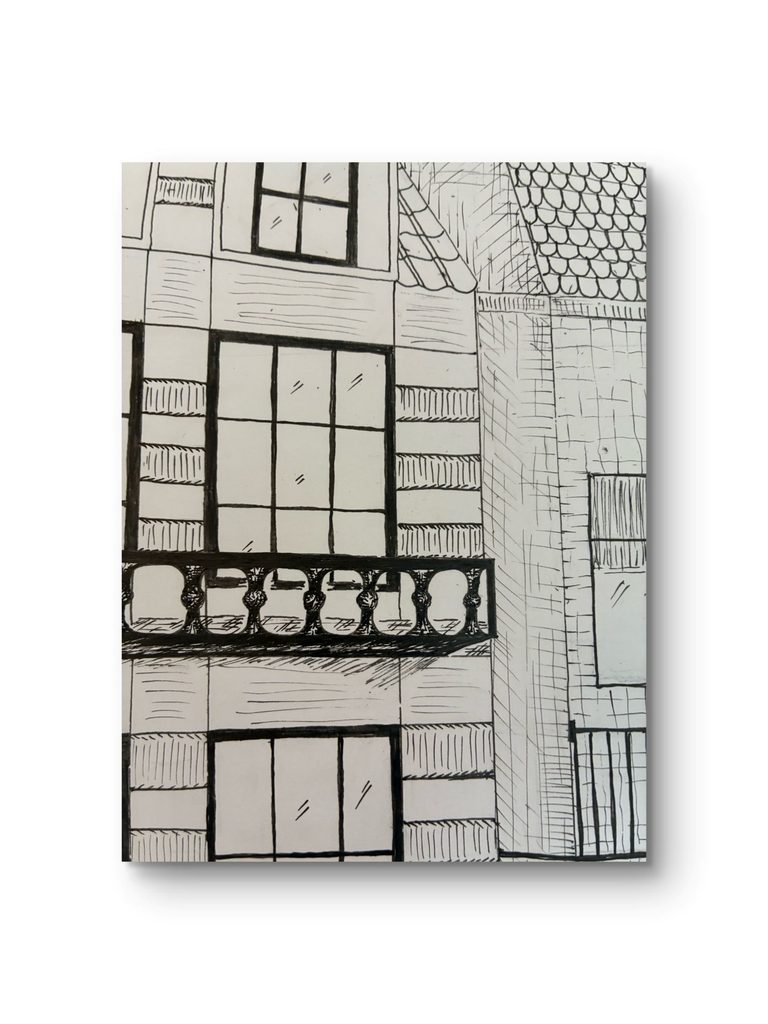 Detailed fineliner pen stroke close-up of urban architecture and windows in original artwork by Bodil Greiner