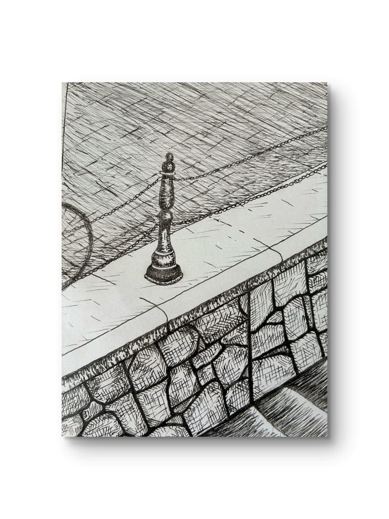 Close-up of hand-drawn stone wall and iron chain railing in fine line drawing Traces of Life No. 1