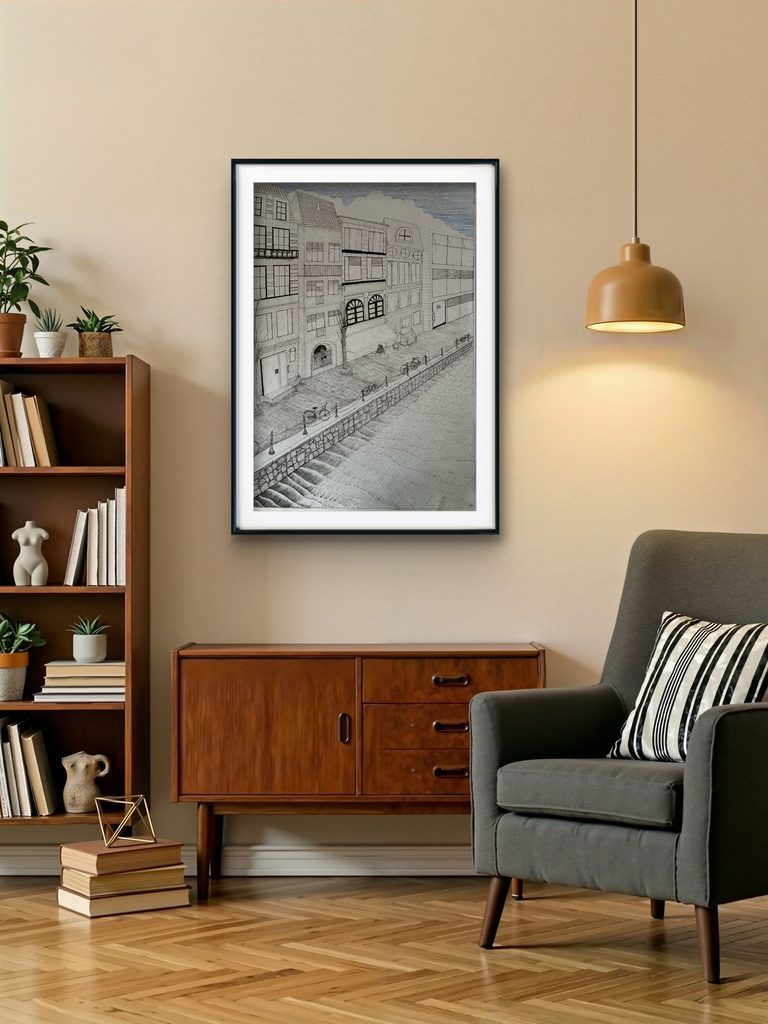 Original framed fineliner architectural drawing Traces of Life No. 1 hanging in a modern living room interior