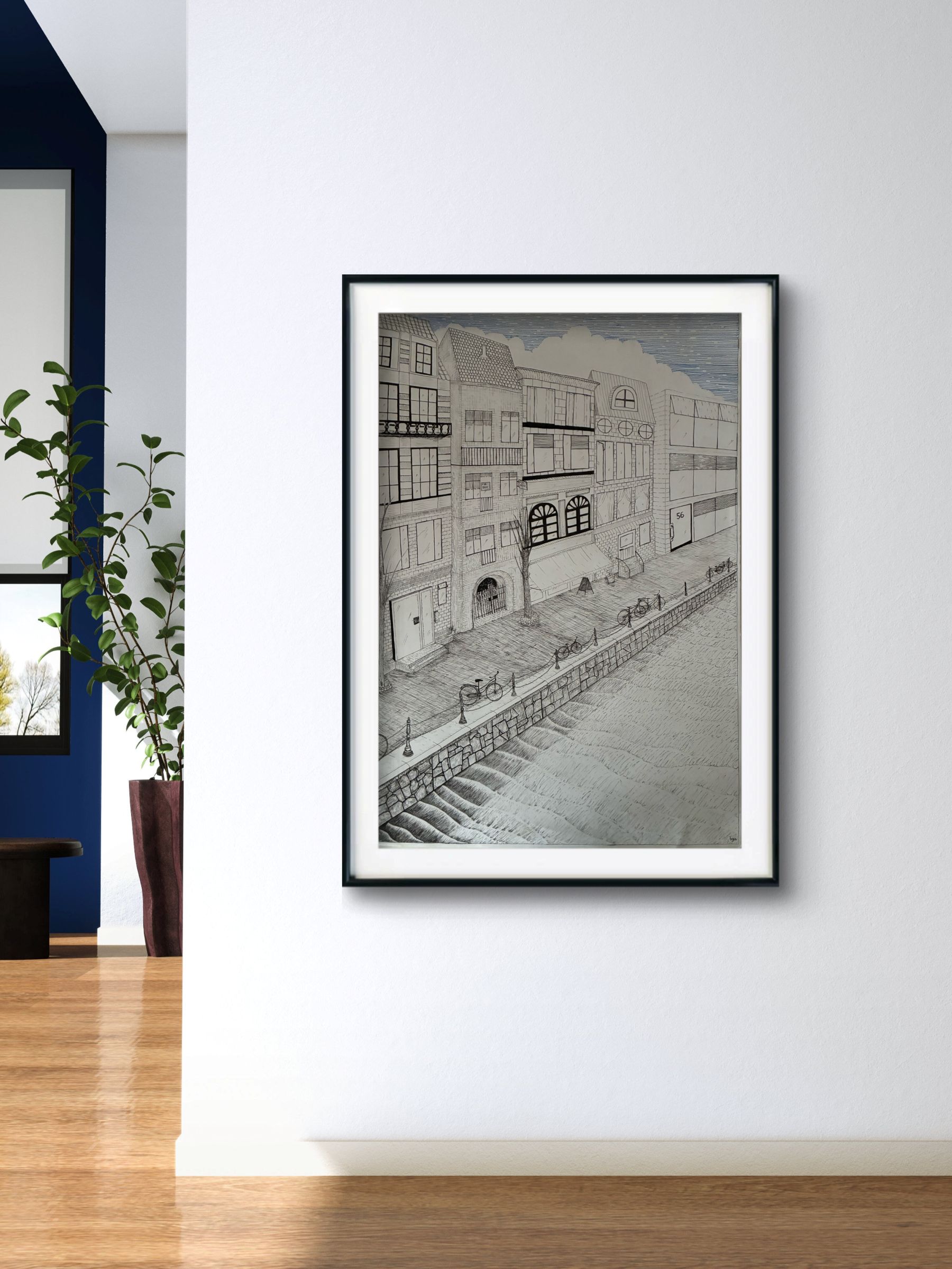 Large 50x70 cm framed black and white original drawing display on modern white wall decor