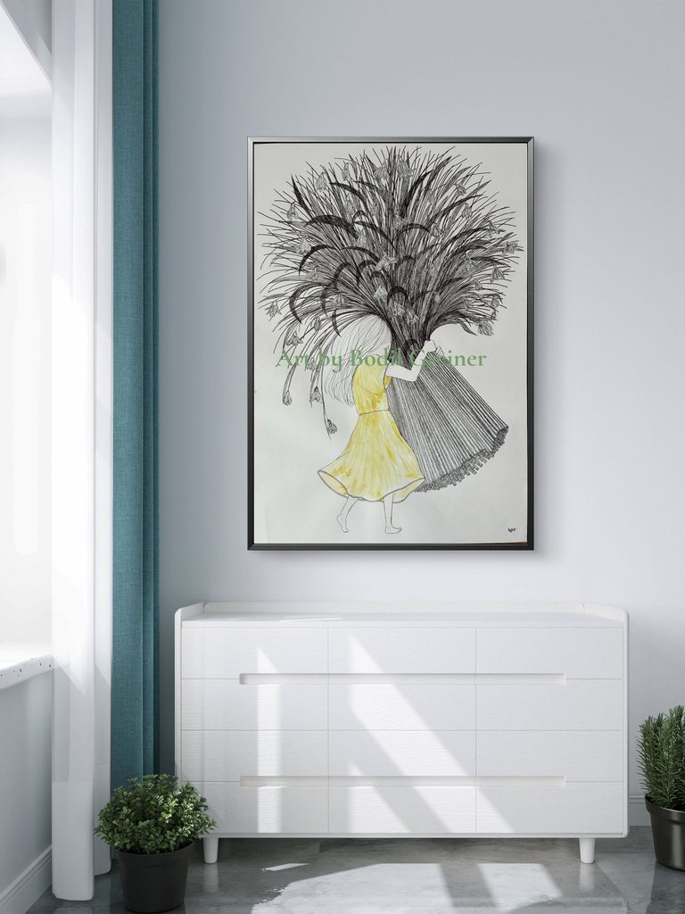 Contemporary black and ink drawing Vera's Joy displayed on a gallery wall