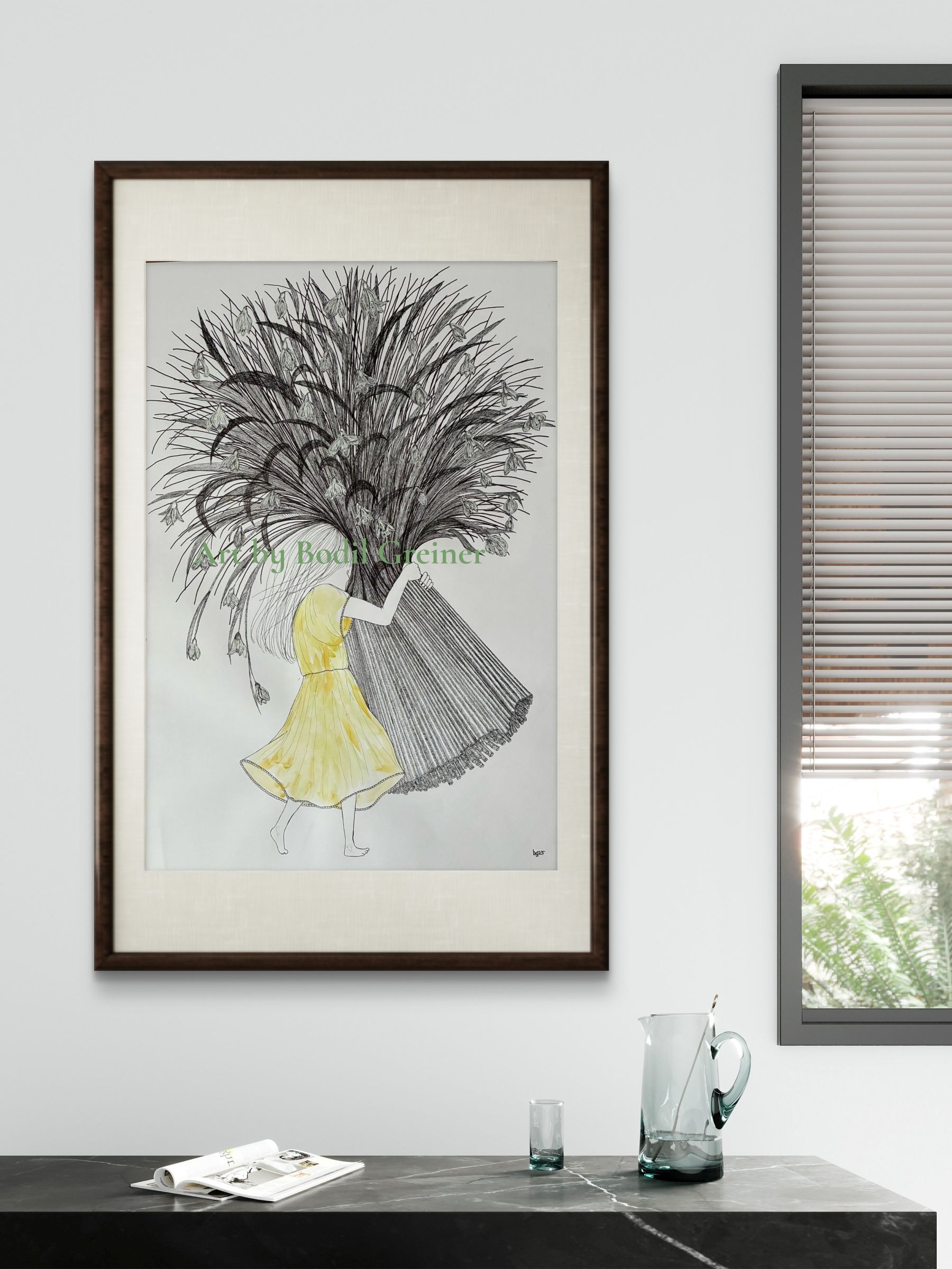 Vera's Joy original fine art drawing framed in a modern living room decor
