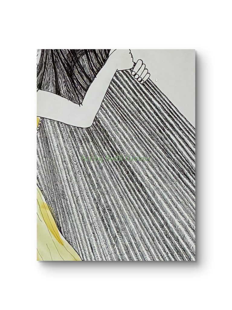 Detailed view of hand-drawn lines and diluted acrylic paint texture