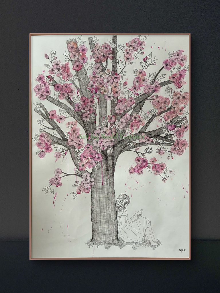 Detailed fineliner drawing of a girl beneath cherry blossoms
